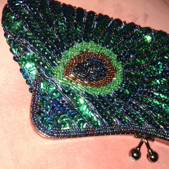 Peacock Feather 20s 30s Retro Sequin Clutch Purse Blue Green Bag Crossbody Chain - Picture 12 of 14